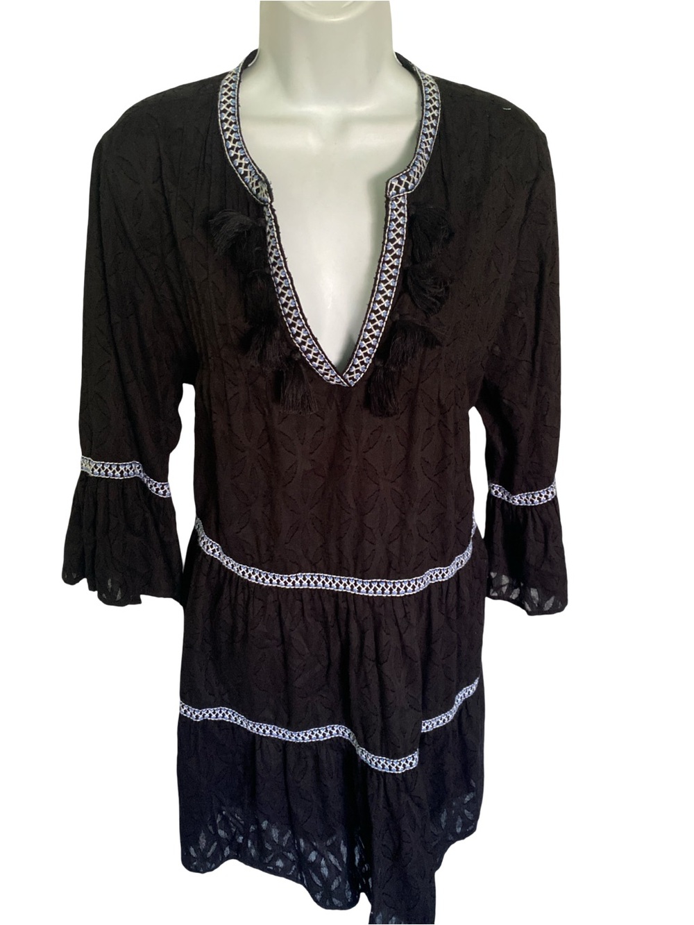 Tommy Bahama Black Embroidered V-Neck Boho Dress with Tassels- L black cotton